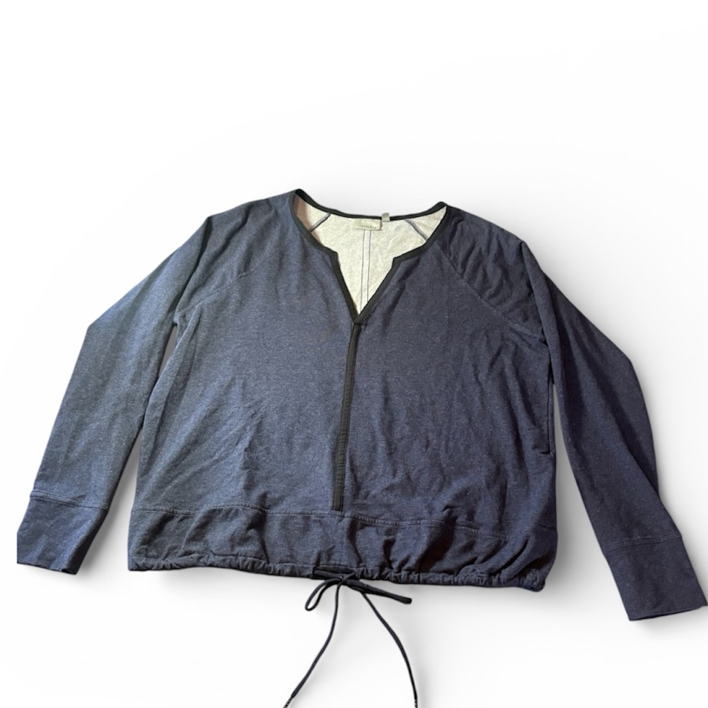 Athleta Pullover Sweatshirt Large Heathered Blue Top V-Neck Drawstring Hem